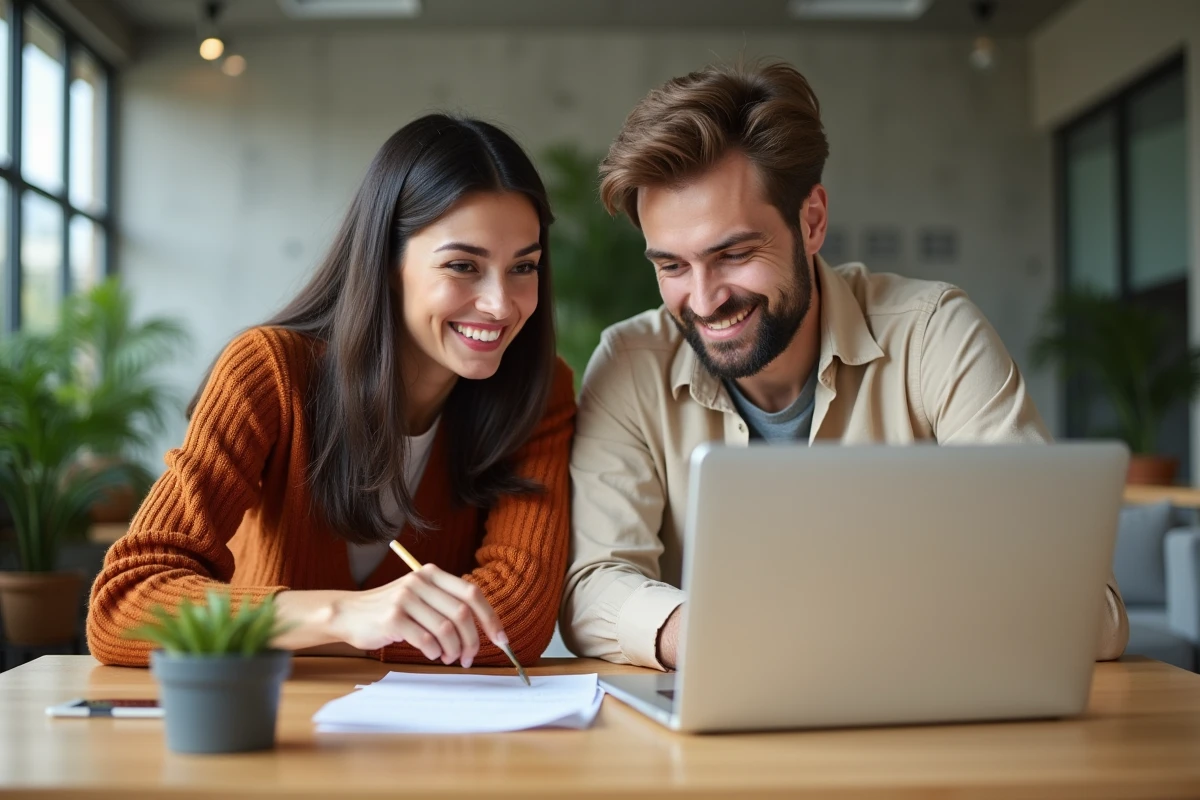 Deux étudiants gérant ensemble leurs démarches administratives en ligne dans un espace de travail collaboratif