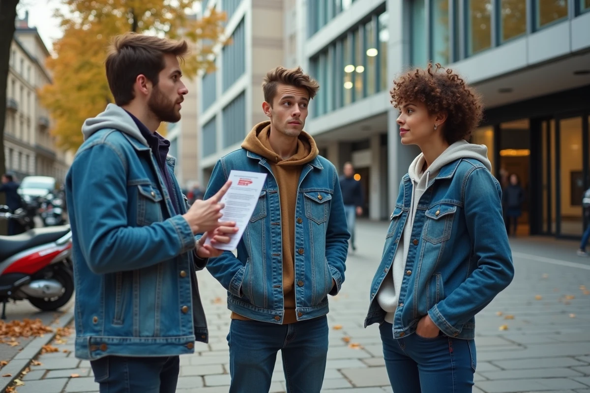 Groupe d'étudiants discutant devant une école parisienne, questionnant la qualité et la réputation d'un établissement comme l'EEMI