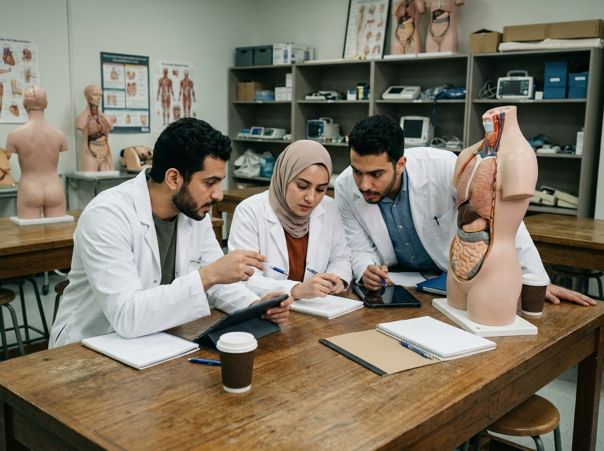 Groupe d'étudiants en médecine en blouses blanches travaillant sur un modèle anatomique dans un laboratoire universitaire