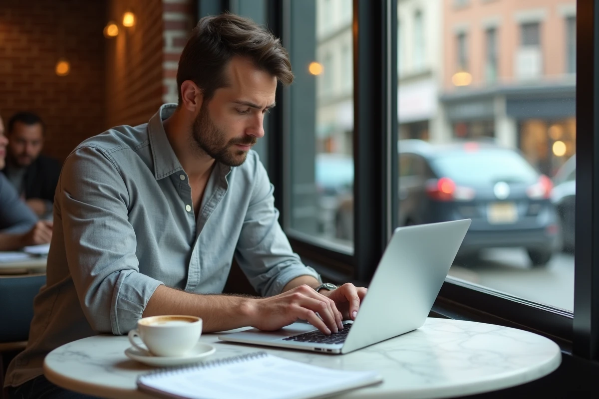 Homme travaillant sur ses exercices d'écriture dans un café avec cahier et PDF imprimés, ambiance créative urbaine
