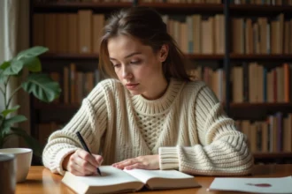 Femme écrivant dans un journal à la main à son bureau, illustrant un parcours d'exercices d'écriture quotidiens pour créer un livre