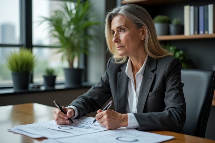 femme-affaires-analyse-financiere Femme d affaires analyse des rapports financiers dans un bureau moderne