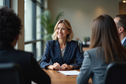 Femme d'affaires en costume navy lors d'une réunion