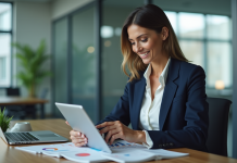 Femme d'affaires confiante avec tablette dans un bureau moderne