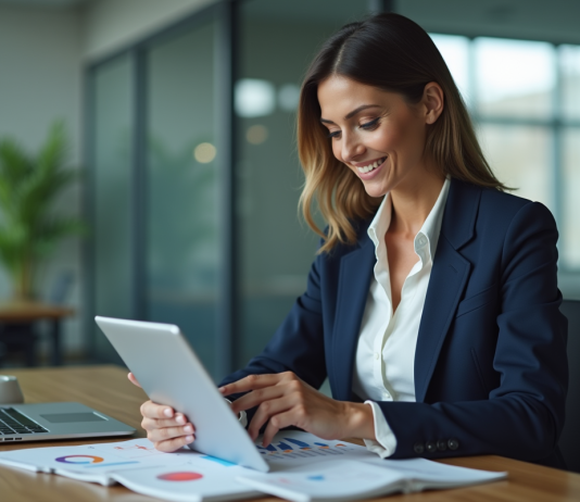 Femme d'affaires confiante avec tablette dans un bureau moderne