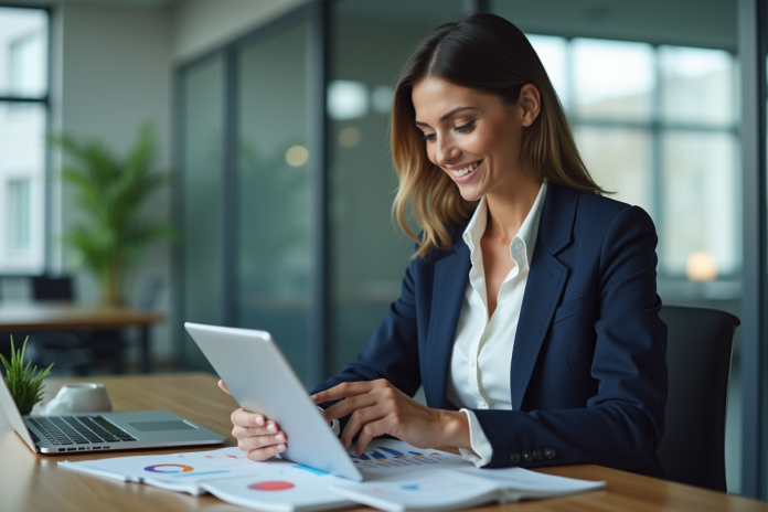 femme-affaires-croissance-tablet Femme d'affaires confiante avec tablette dans un bureau moderne