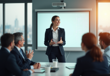 Femme d'affaires confiante lors d'une présentation en réunion