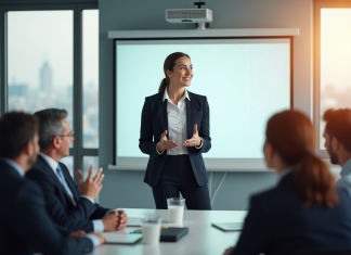Femme d'affaires confiante lors d'une présentation en réunion