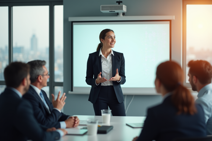 Femme d'affaires confiante lors d'une présentation en réunion