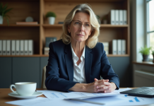 Femme d affaires en costume navy dans un bureau moderne