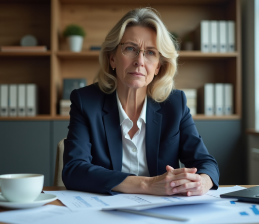 Femme d affaires en costume navy dans un bureau moderne
