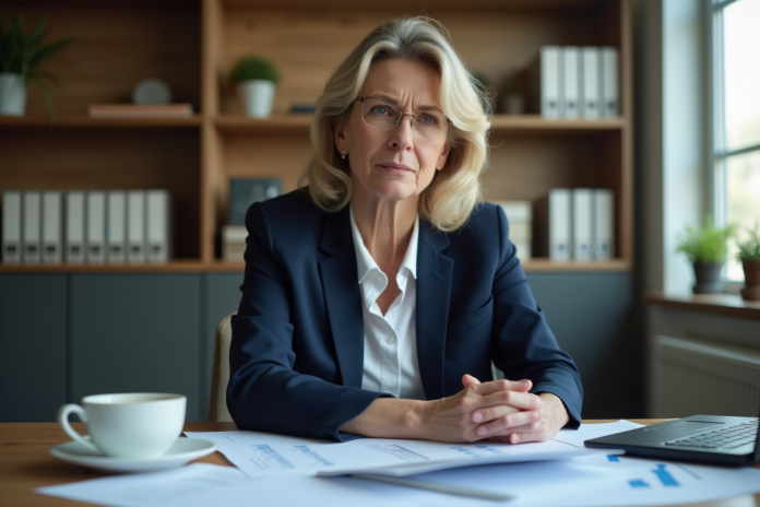 Femme d affaires en costume navy dans un bureau moderne