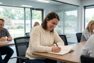 Femme attentive en formation dans un centre moderne