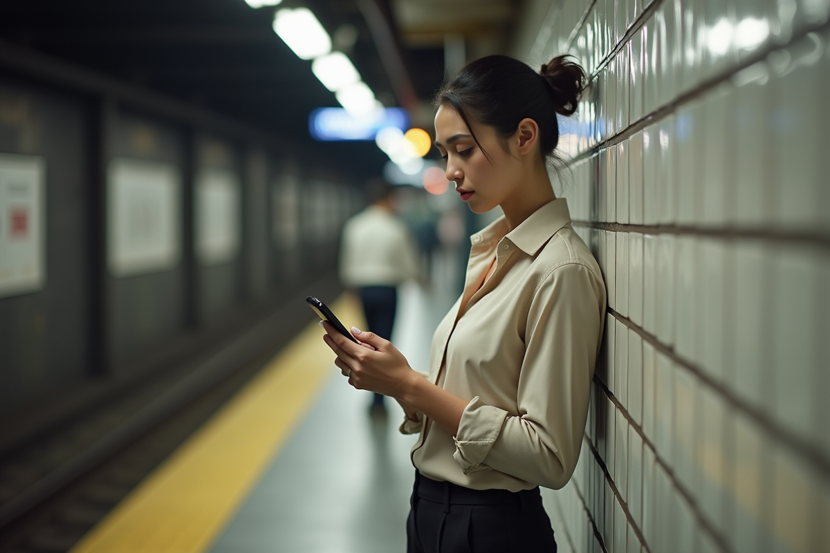 Femme consulte son smartphone dans une station de métro
