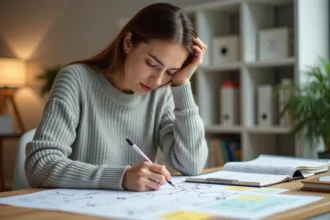 Femme concentrée utilisant des connecteurs logiques sur un bloc-notes pour structurer ses idées à son bureau