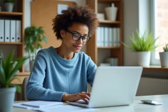 Femme au bureau moderne utilisant un ordinateur portable