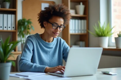 Femme au bureau moderne utilisant un ordinateur portable
