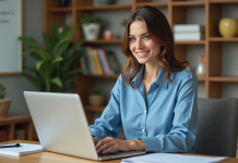 Femme professionnelle travaillant sur un ordinateur dans un bureau moderne