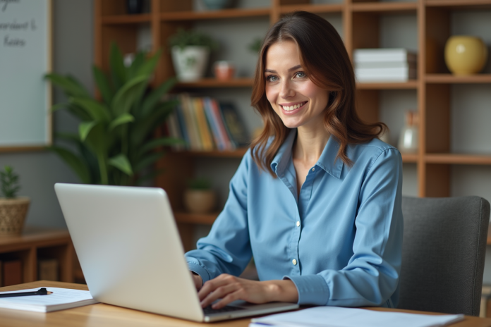Femme professionnelle travaillant sur un ordinateur dans un bureau moderne