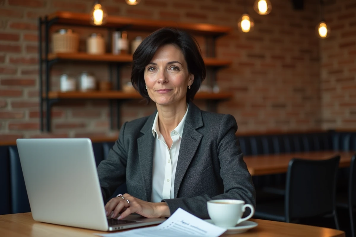 Femme travaillant dans un café avec un document structuré grâce à des connecteurs logiques affiché sur son ordinateur portable
