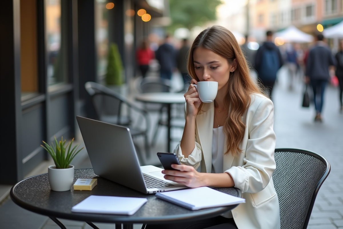 Jeune femme au café en extérieur avec ordinateur et checklist