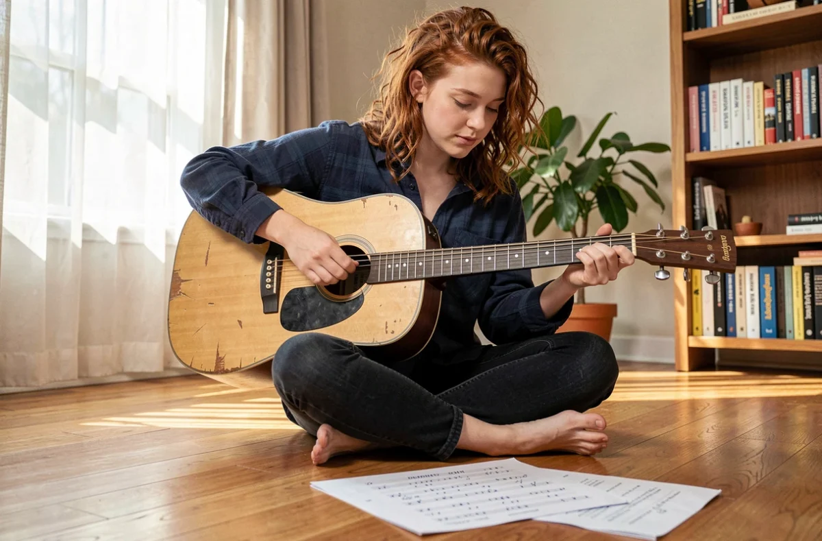 Jeune femme pratiquant les changements d'accords de Let It Be avec une tablature posée sur le sol dans un salon