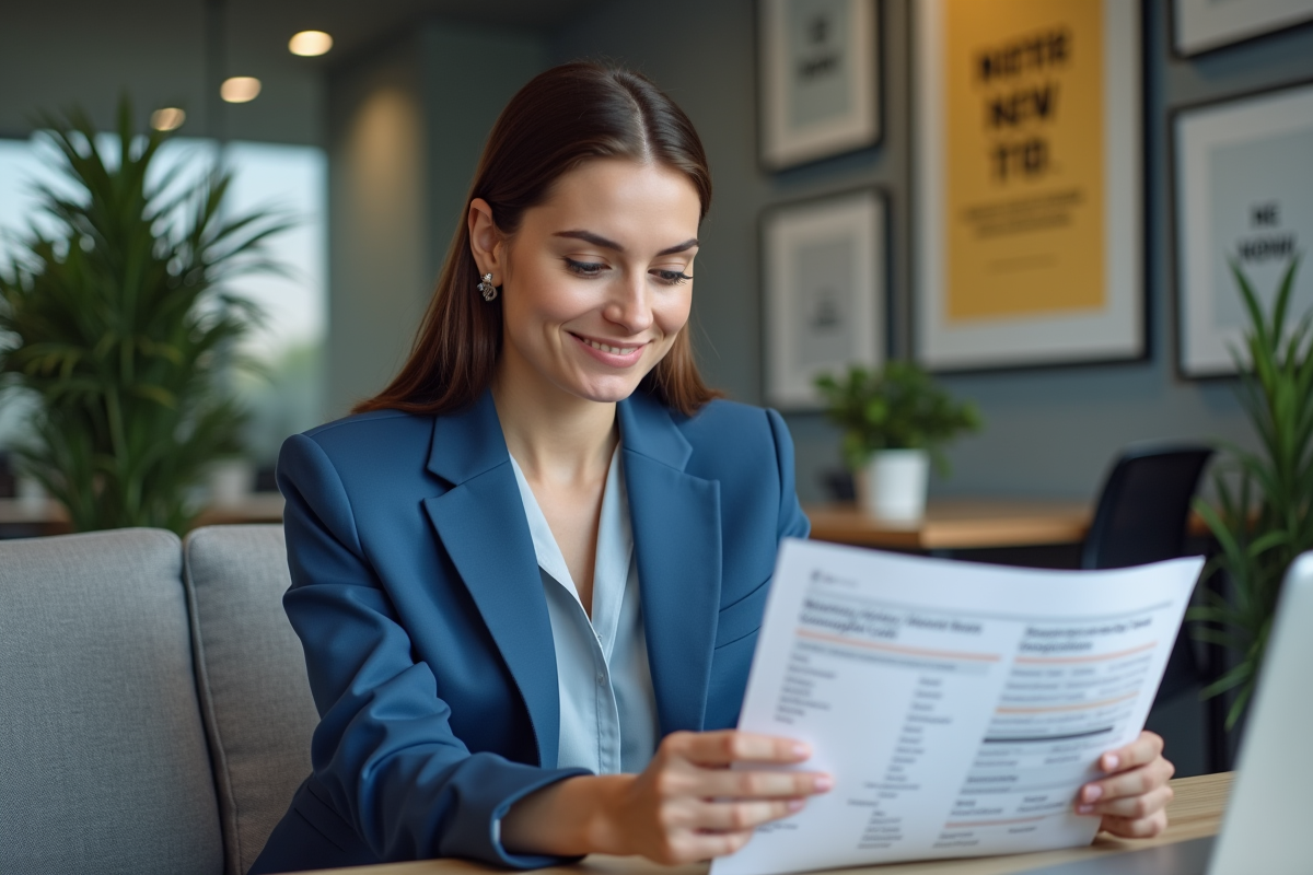 Jeune femme en blazer bleu examine un plan de campagne