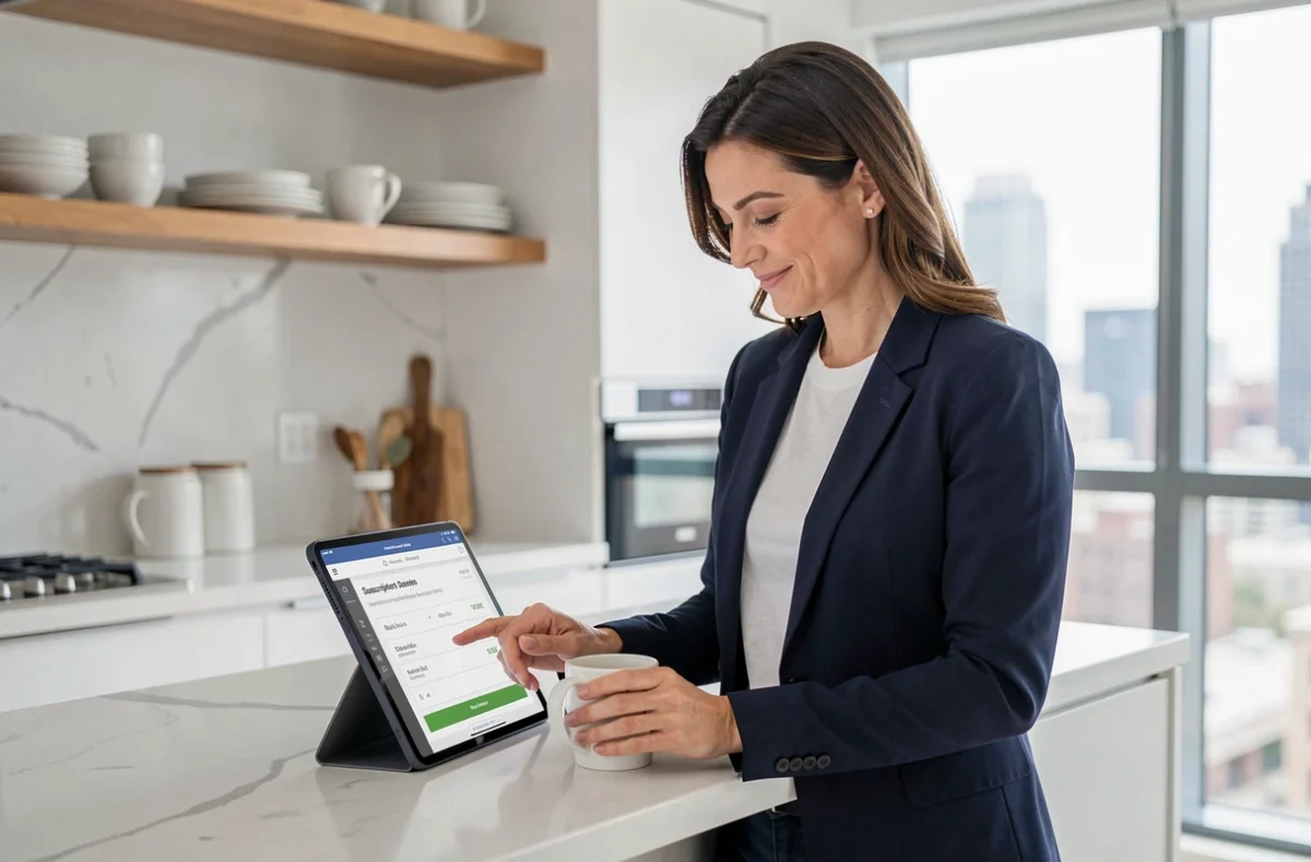 Femme professionnelle consultant les tarifs d'abonnement emailing sur une tablette dans sa cuisine moderne, représentant une solution emailing économique pour commencer sans se ruiner