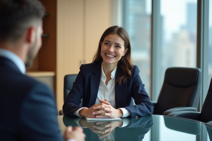 Femme confiante en réunion dans un bureau moderne