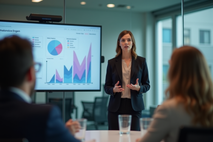 Femme confiante en présentation d'affaires dynamique