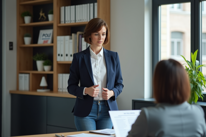 Femme en blazer discutant avec conseiller en bureau moderne