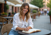 Femme écrivant dans un journal en extérieur