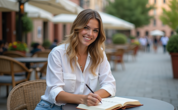 Meilleure phrase pour exprimer la beauté : conseils d’experts pour écrire captivant et évocateur Femme écrivant dans un journal en extérieur