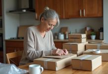 L’emballage à domicile : un travail accessible à tous ? Femme d'âge moyen emballant des cartons dans une cuisine chaleureuse