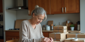 Femme d'âge moyen emballant des cartons dans une cuisine chaleureuse