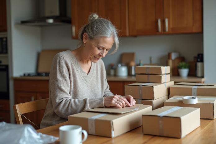 femme-emballant-cartons-maison Femme d'âge moyen emballant des cartons dans une cuisine chaleureuse