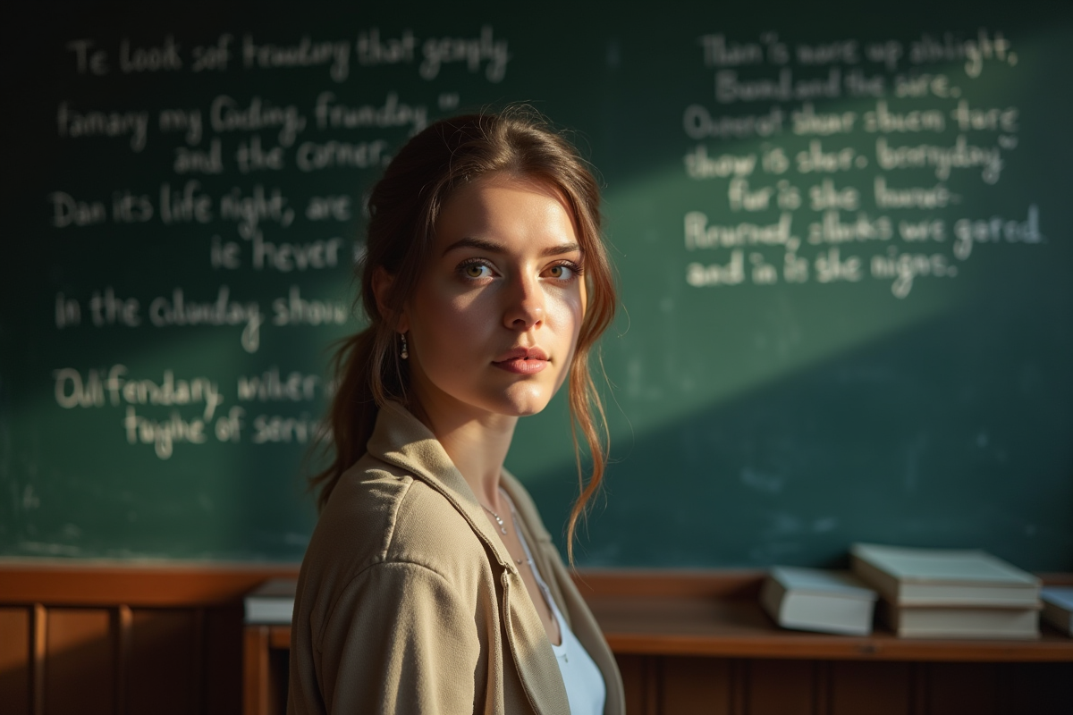 Femme confiante devant un tableau de citations littéraires
