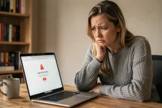 Femme frustrée devant un écran d'erreur de connexion sur son ordinateur portable dans un bureau à domicile