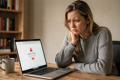 Femme frustrée devant un écran d'erreur de connexion sur son ordinateur portable dans un bureau à domicile
