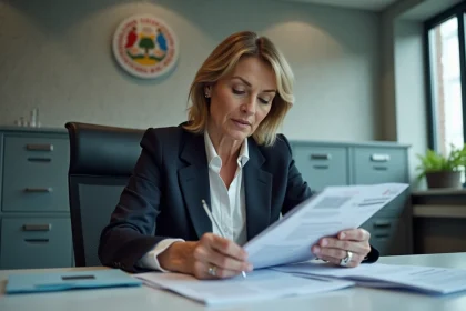 Femme d'âge moyen en tenue professionnelle examine des documents officiels