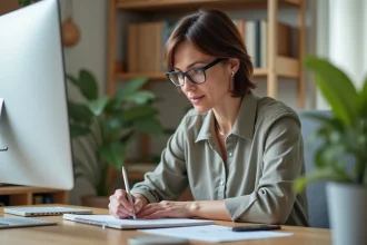 Femme de 45 ans prenant des notes lors d'une formation en ligne