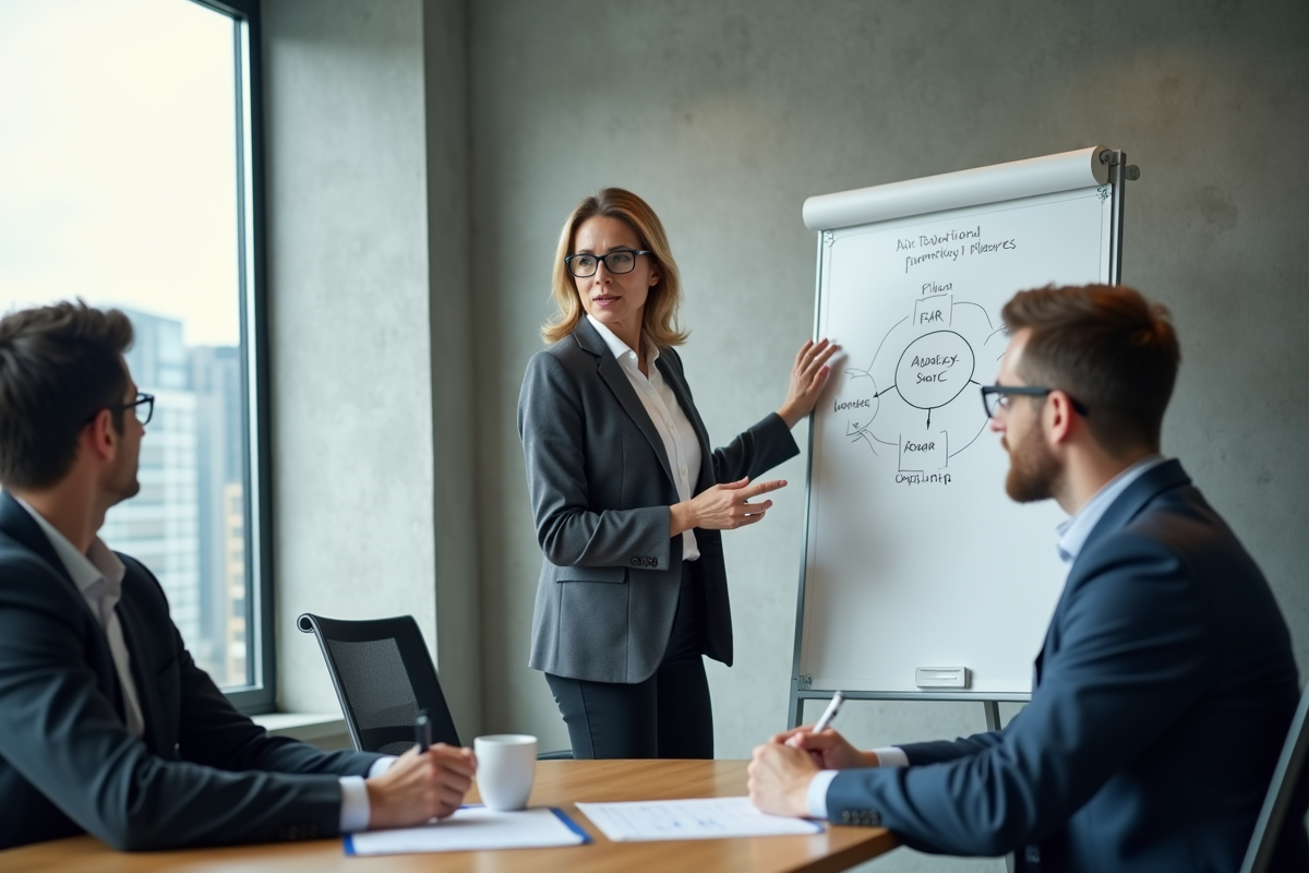 Femme confiante expliquant le cadre ADKAR à ses collègues en réunion