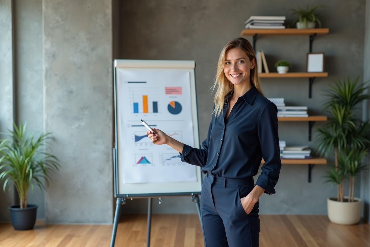 Jeune femme manager présentant des graphiques en réunion