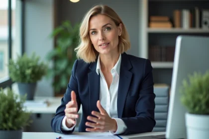 Femme professionnelle en formation en ligne dans un bureau moderne