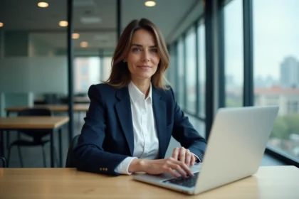 Femme confiante en bureau moderne travaillant sur son laptop