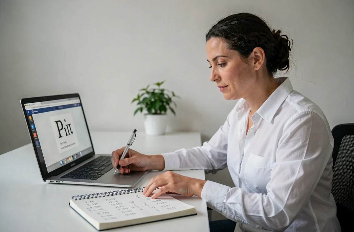 Femme adulte s'entraînant sur un quiz en ligne sur les décimales de Pi devant un ordinateur portable à son bureau