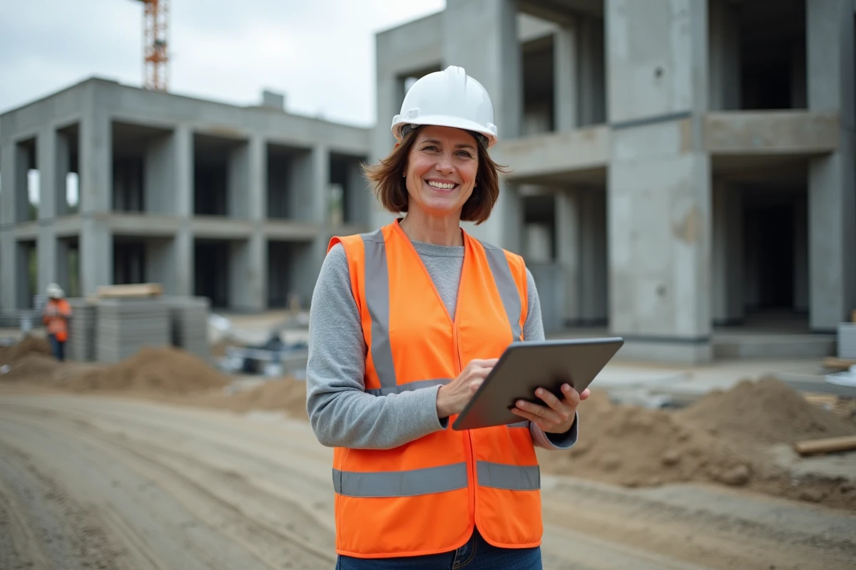 Femme cheffe de chantier en reconversion dans le BTP consultant une tablette numérique sur un chantier de construction avec échafaudages
