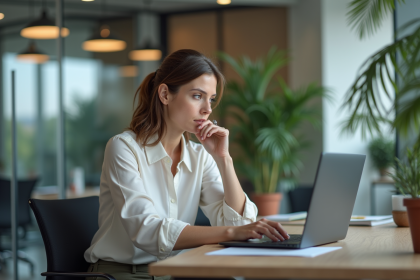 Femme en train de rédiger sa lettre de démission au bureau