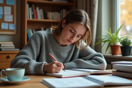 Jeune femme révisant le passé simple espagnol tener sur des fiches de révision manuscrites à un bureau en bois