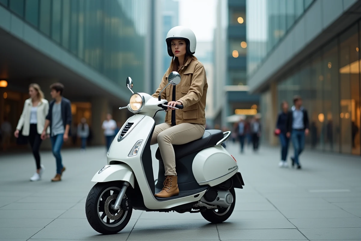 Femme assise sur un scooter 125cc devant une place urbaine moderne
